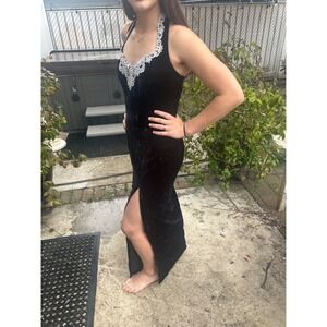 Y2K L.A. Glo Vintage Black Velvet Halter Gown Lace Neckline Slit Prom Dress 7/8